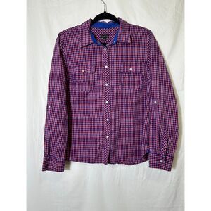 Talbots Women's Classic Pink Blue Checked Button Down Cotton Shirt, Size 12